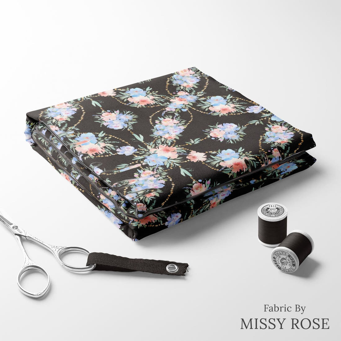 Design 160 Black and Blue Floral folded fabric stack with matching thread – pre-order fabric Australia | Fabric by Missy Rose
