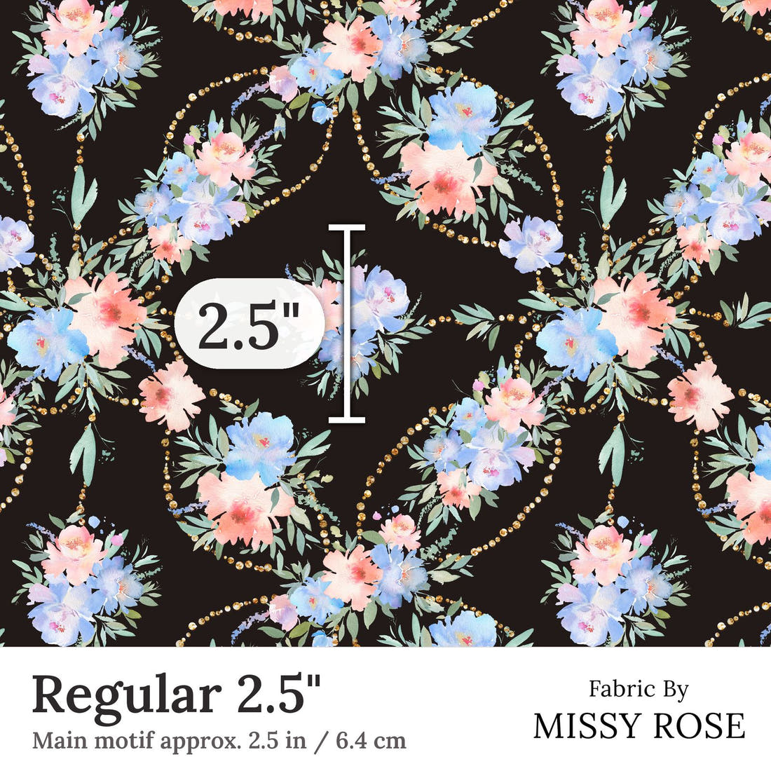 Design 160 Black and Blue Floral Regular 2.5 inch print scale guide | Fabric by Missy Rose