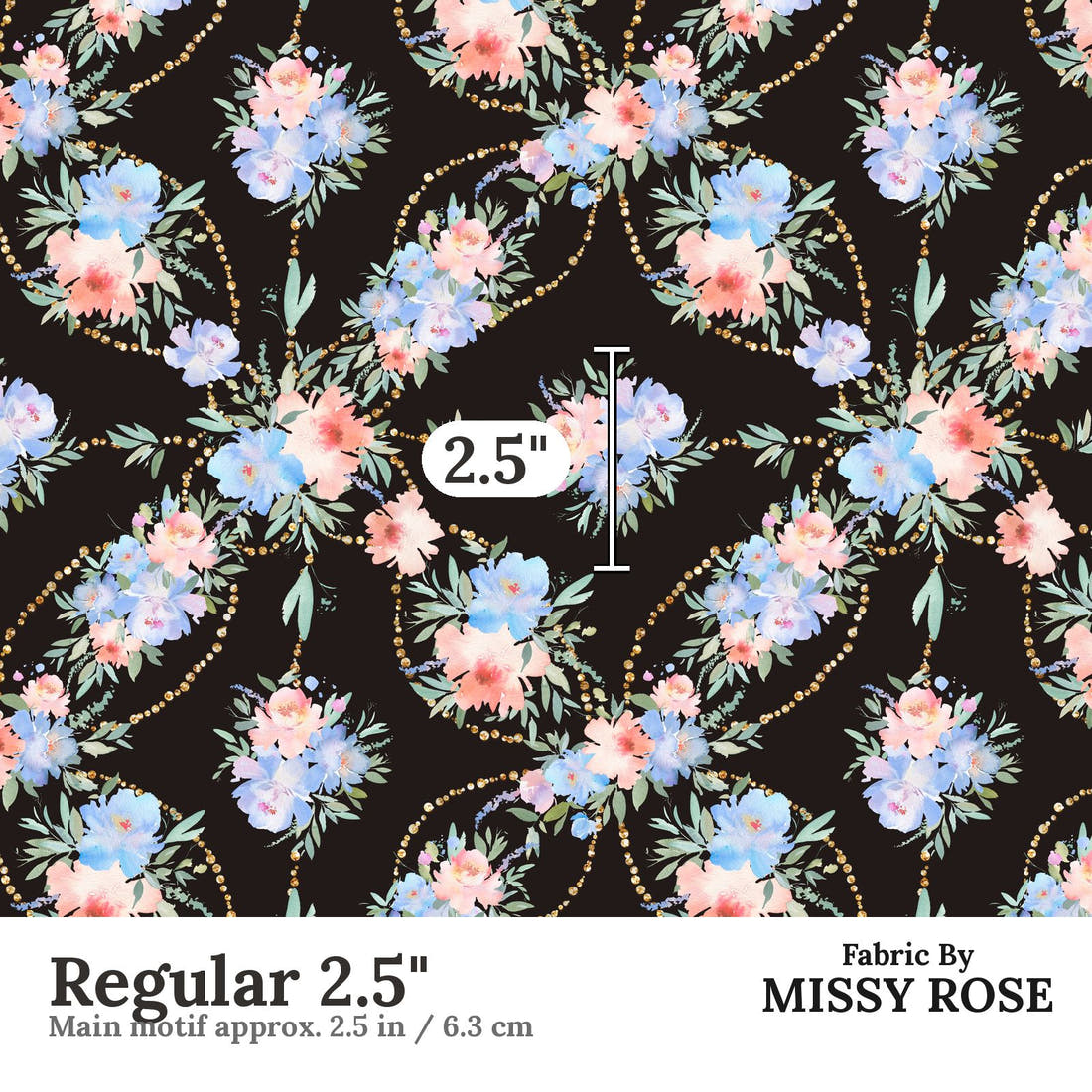 Design 160 Black and Blue Floral Regular 2.5" - print scale | Fabric by Missy Rose