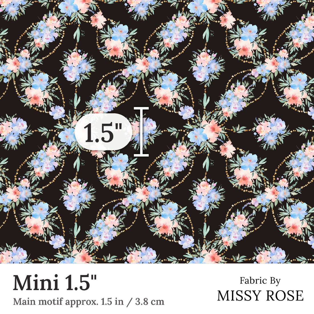Design 160 Black and Blue Floral Mini 1.5 inch print scale guide | Fabric by Missy Rose