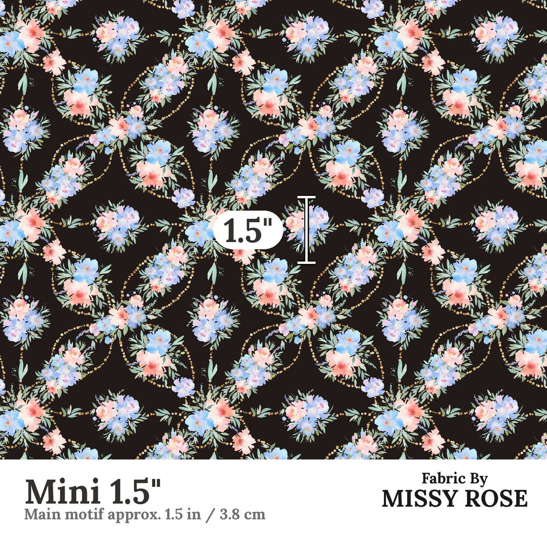 Design 160 Black and Blue Floral Mini 1.5" - print scale | Fabric by Missy Rose