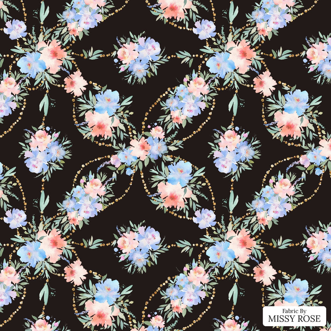 Design 160 Black and Blue Floral - flat view of the print, zoom in for detail | Fabric by Missy Rose