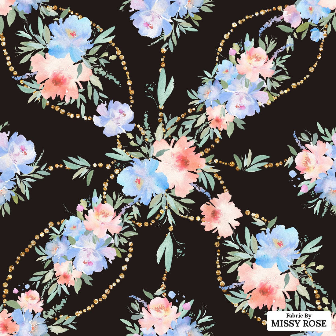 Design 160 Black and Blue Floral - flat view of the print, zoom in for detail | Fabric by Missy Rose