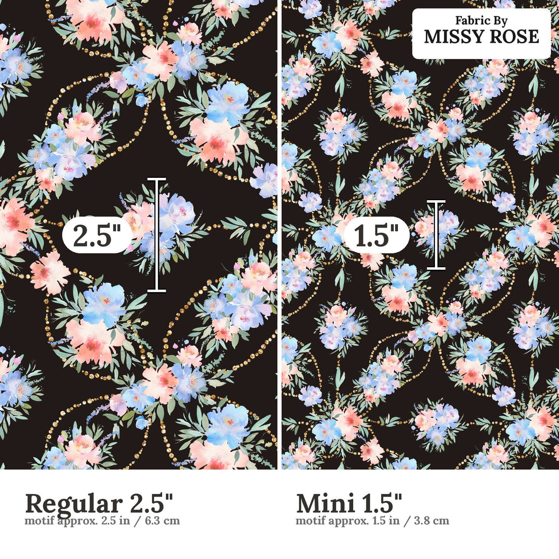 Design 160 Black and Blue Floral size comparison - print scale | Fabric by Missy Rose