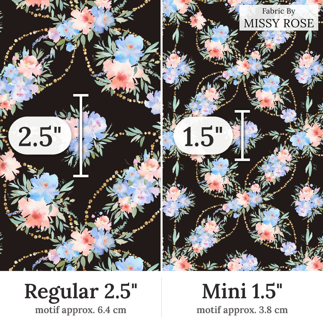Design 160 Black and Blue Floral Regular 2.5 inch vs Mini 1.5 inch print scale side by side | Fabric by Missy Rose