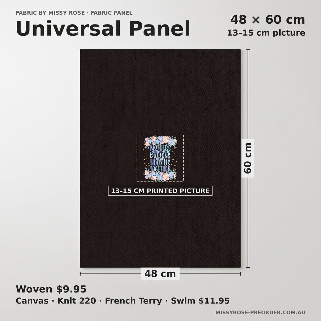 Design 160 Black and Blue Floral Panel universal panel sizing – 13–15 cm printed picture on 48 × 60 cm fabric | Fabric by Missy Rose