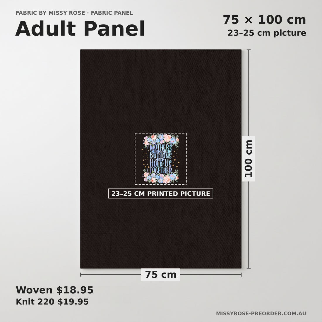 Design 160 Black and Blue Floral Panel adult panel sizing – 23–25 cm printed picture on 75 × 100 cm fabric | Fabric by Missy Rose