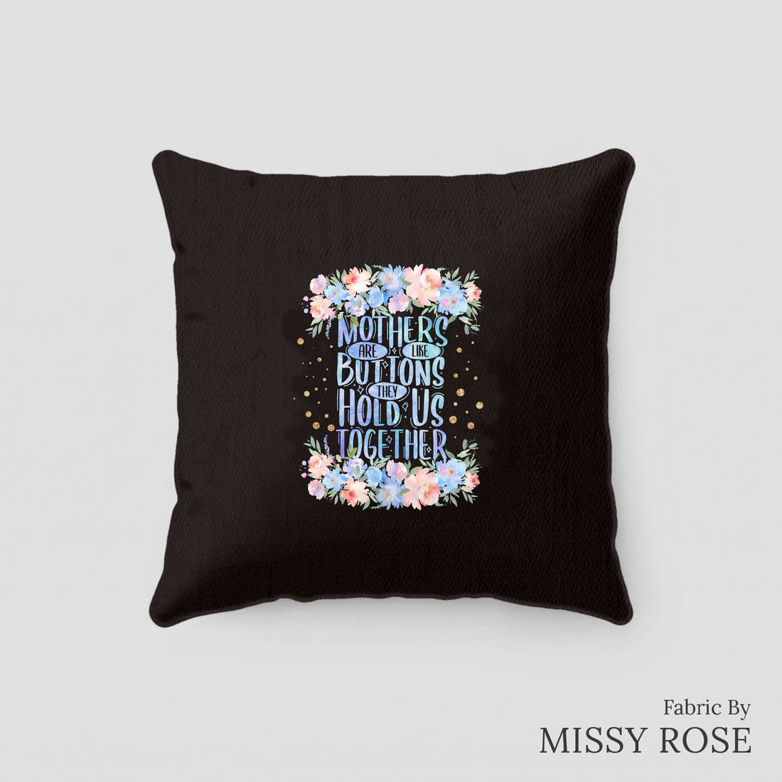 Design 160 Black and Blue Floral Panel sewn into a cushion – see how the panel looks made up | Fabric by Missy Rose