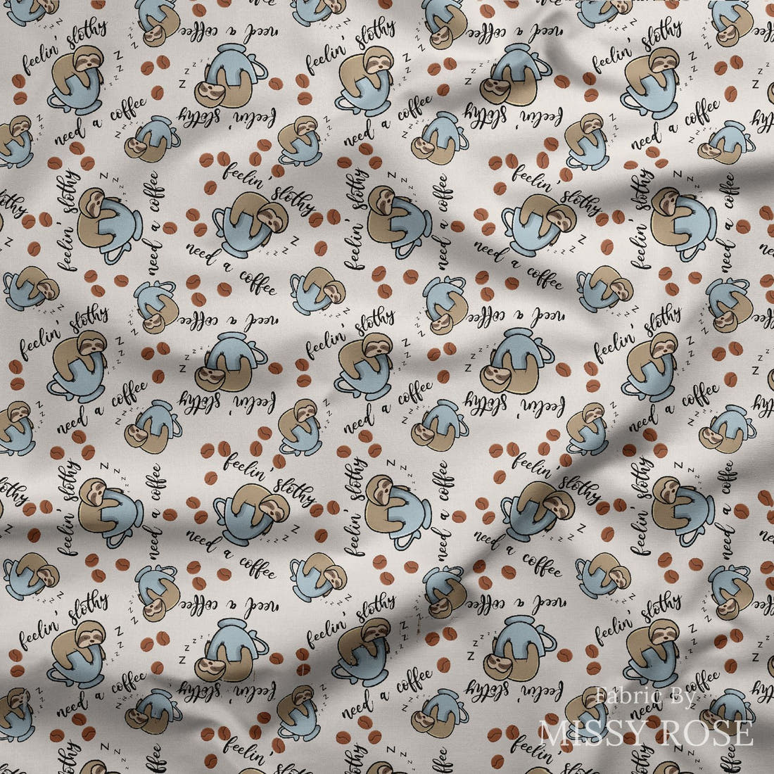 Design 161 Sloth Fabric draped fabric mockup – custom printed fabric by the metre | Fabric by Missy Rose