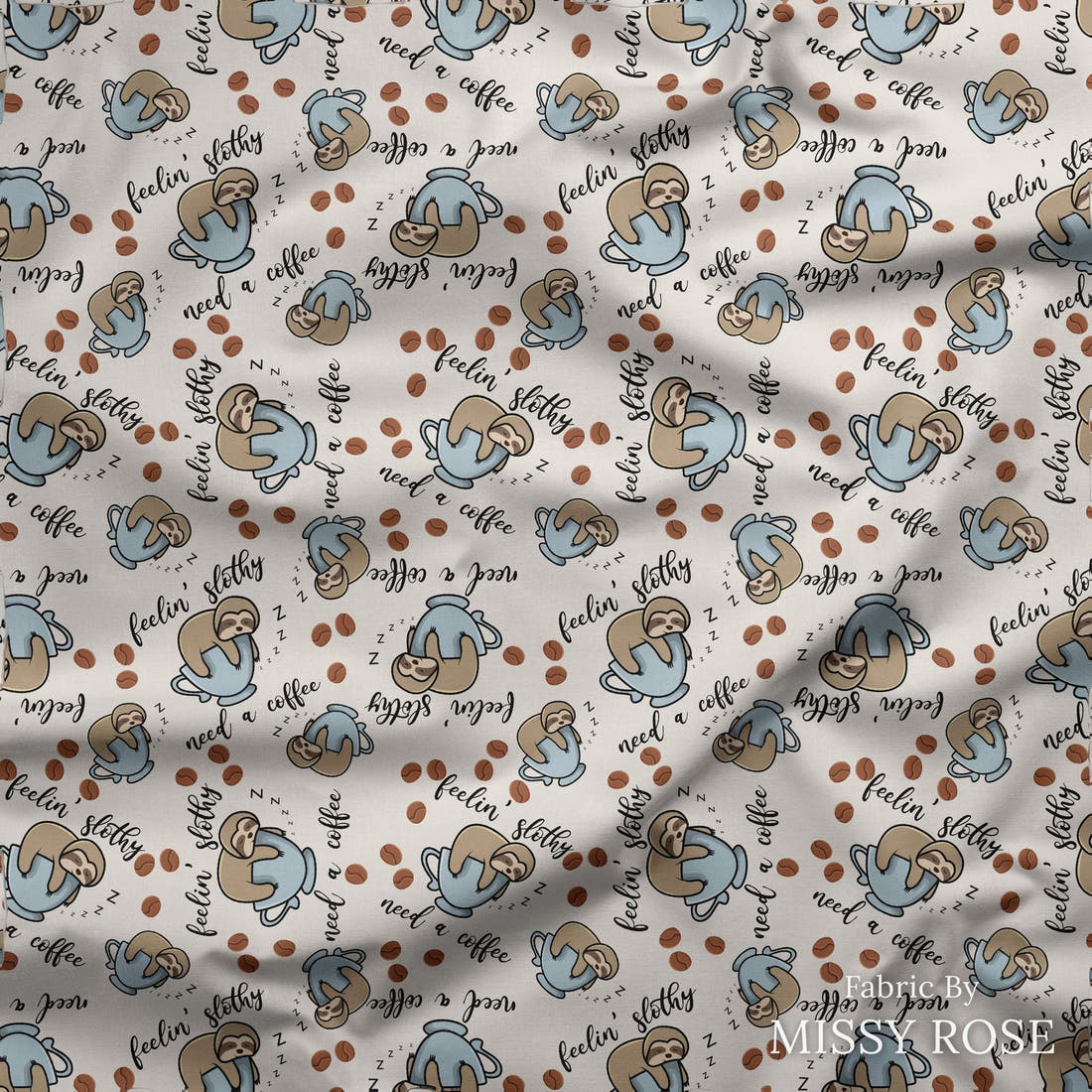 Design 161 Sloth Fabric draped fabric mockup – custom printed fabric by the metre | Fabric by Missy Rose