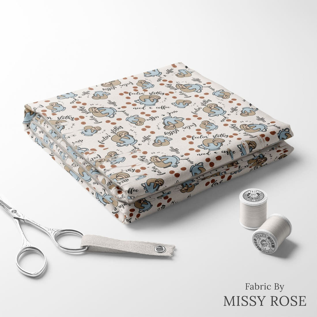 Design 161 Sloth Fabric folded fabric stack with matching thread – pre-order fabric Australia | Fabric by Missy Rose