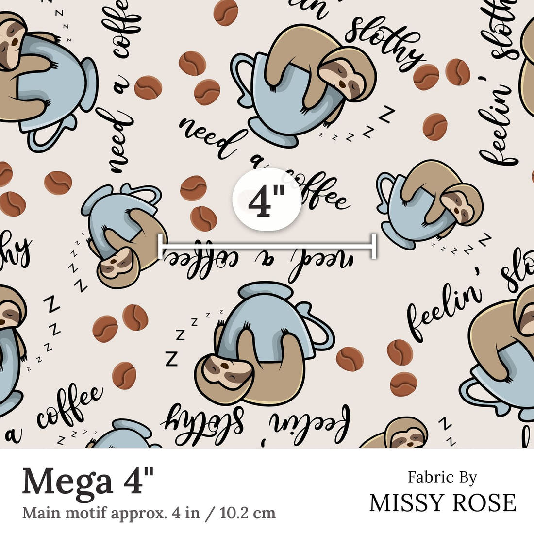 Design 161 Sloth Fabric Mega 4 inch print scale guide | Fabric by Missy Rose