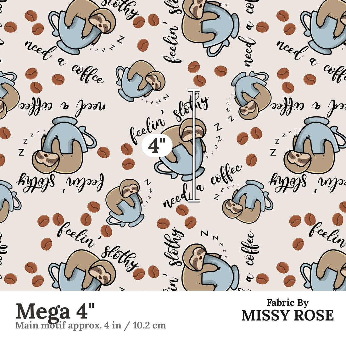 Design 161 Sloth Fabric Mega 4" - print scale | Fabric by Missy Rose