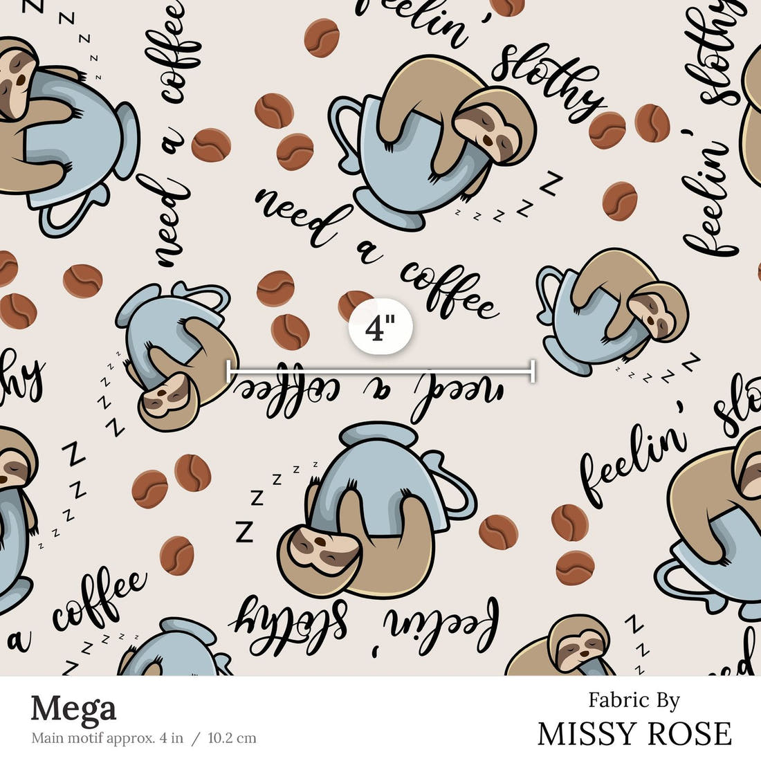 Design 161 Sloth Fabric Mega 4 inch print scale guide | Fabric by Missy Rose