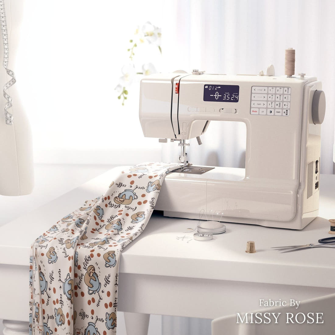Design 161 Sloth Fabric on a sewing machine – premium fabric for sewing projects | Fabric by Missy Rose