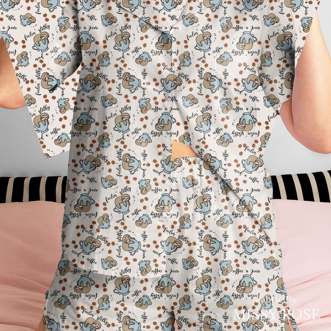 Design 161 Sloth Fabric sewn into a women's pyjama set – see how the print looks made up | Fabric by Missy Rose