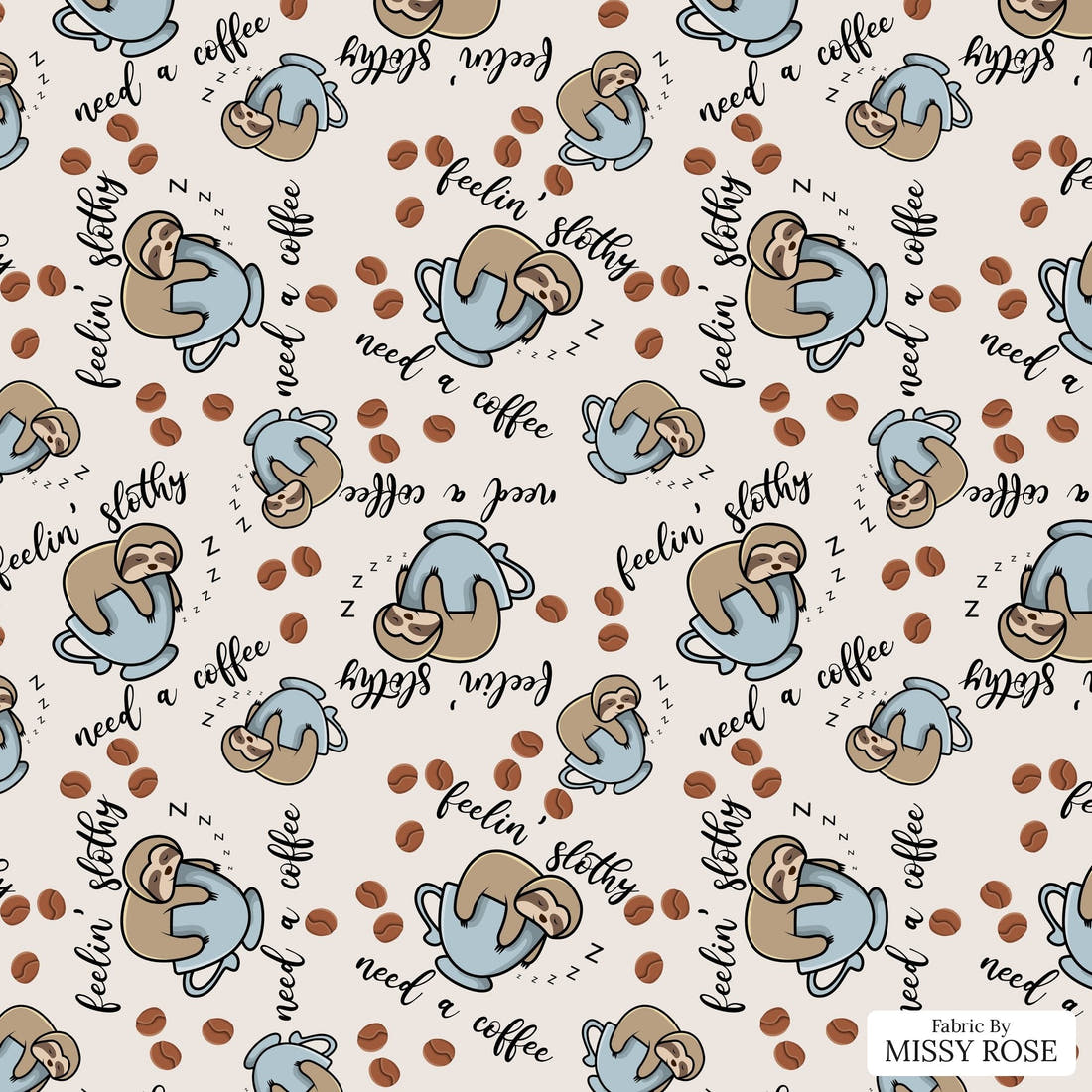 Design 161 Sloth Fabric - flat view of the print, zoom in for detail | Fabric by Missy Rose