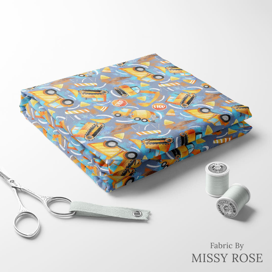 Design 162 Construction Fabric folded fabric stack with matching thread – pre-order fabric Australia | Fabric by Missy Rose
