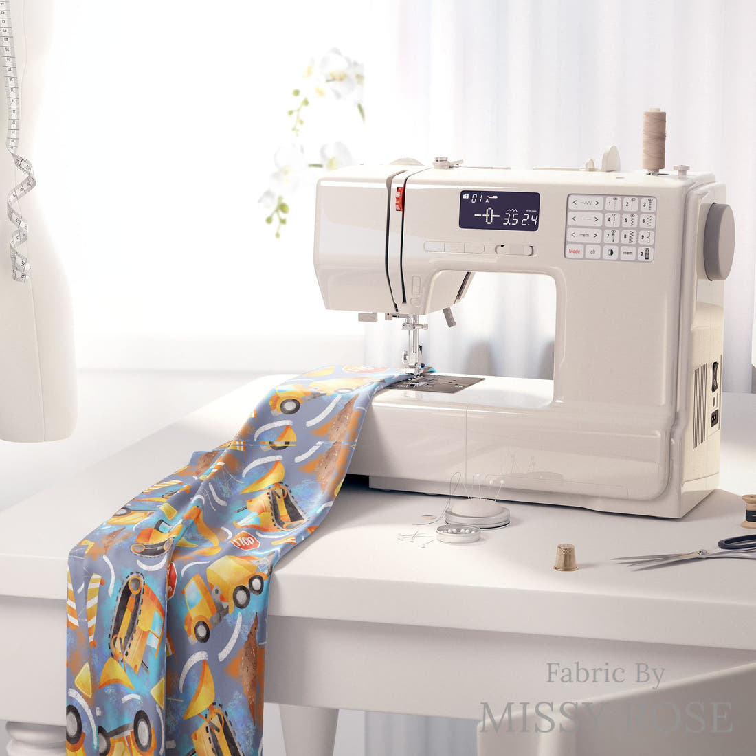 Design 162 Construction Fabric on a sewing machine – premium fabric for sewing projects | Fabric by Missy Rose