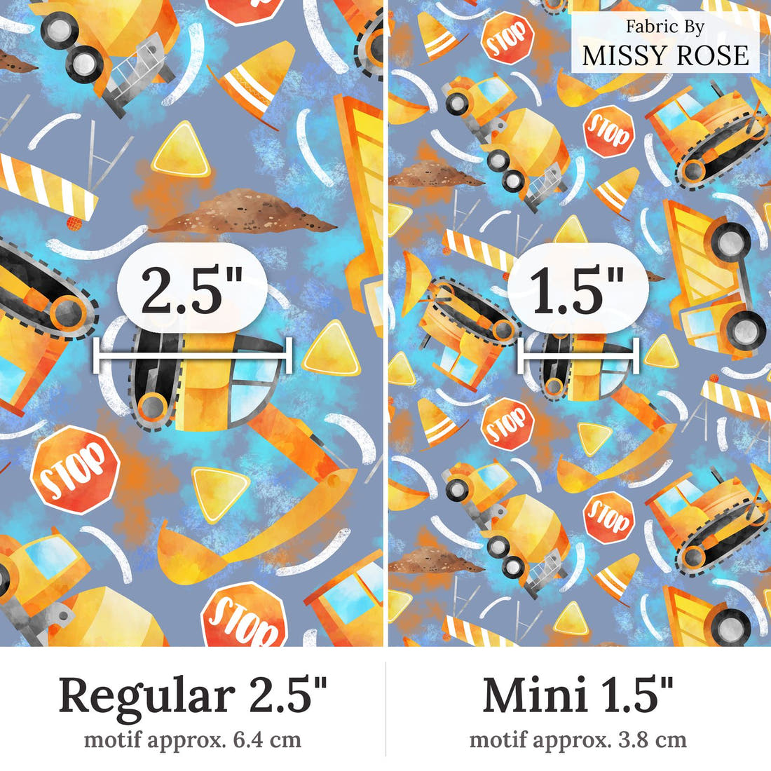 Design 162 Construction Fabric Regular 2.5 inch vs Mini 1.5 inch print scale side by side | Fabric by Missy Rose