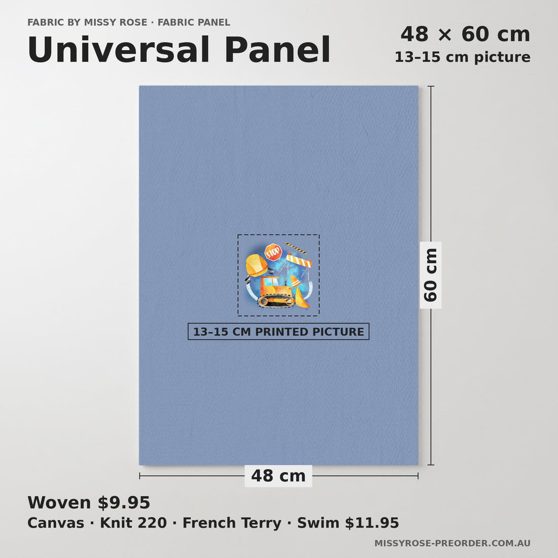 Design 162 Construction Panel universal panel sizing – 13–15 cm printed picture on 48 × 60 cm fabric | Fabric by Missy Rose