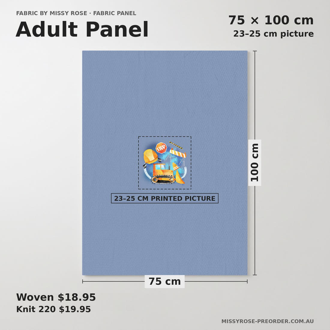 Design 162 Construction Panel adult panel sizing – 23–25 cm printed picture on 75 × 100 cm fabric | Fabric by Missy Rose