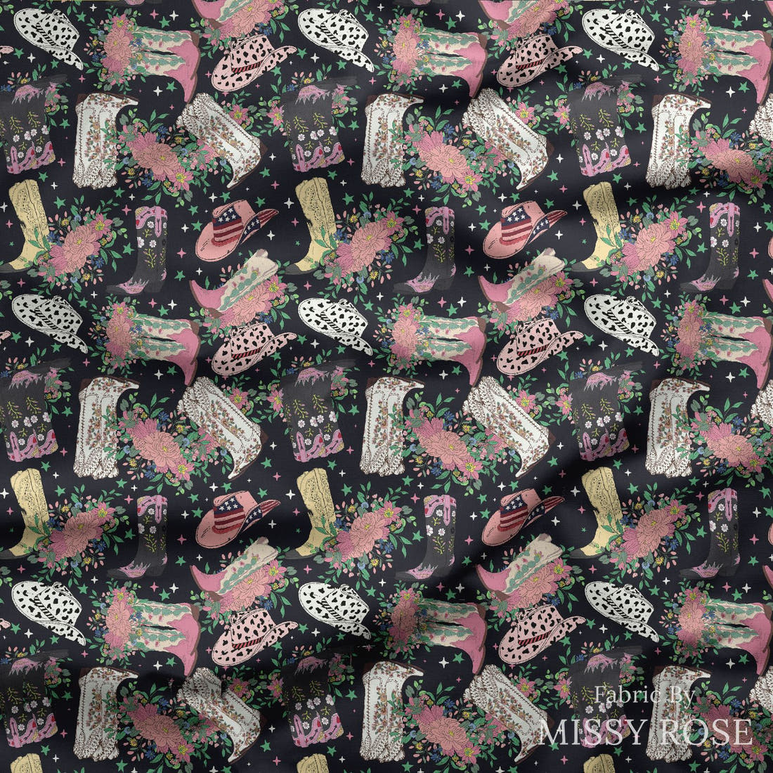 Design 163 Black Cowgirl Boots Fabric draped fabric mockup – custom printed fabric by the metre | Fabric by Missy Rose