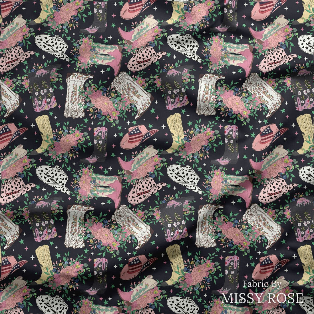 Design 163 Black Cowgirl Boots Fabric draped fabric mockup – custom printed fabric by the metre | Fabric by Missy Rose
