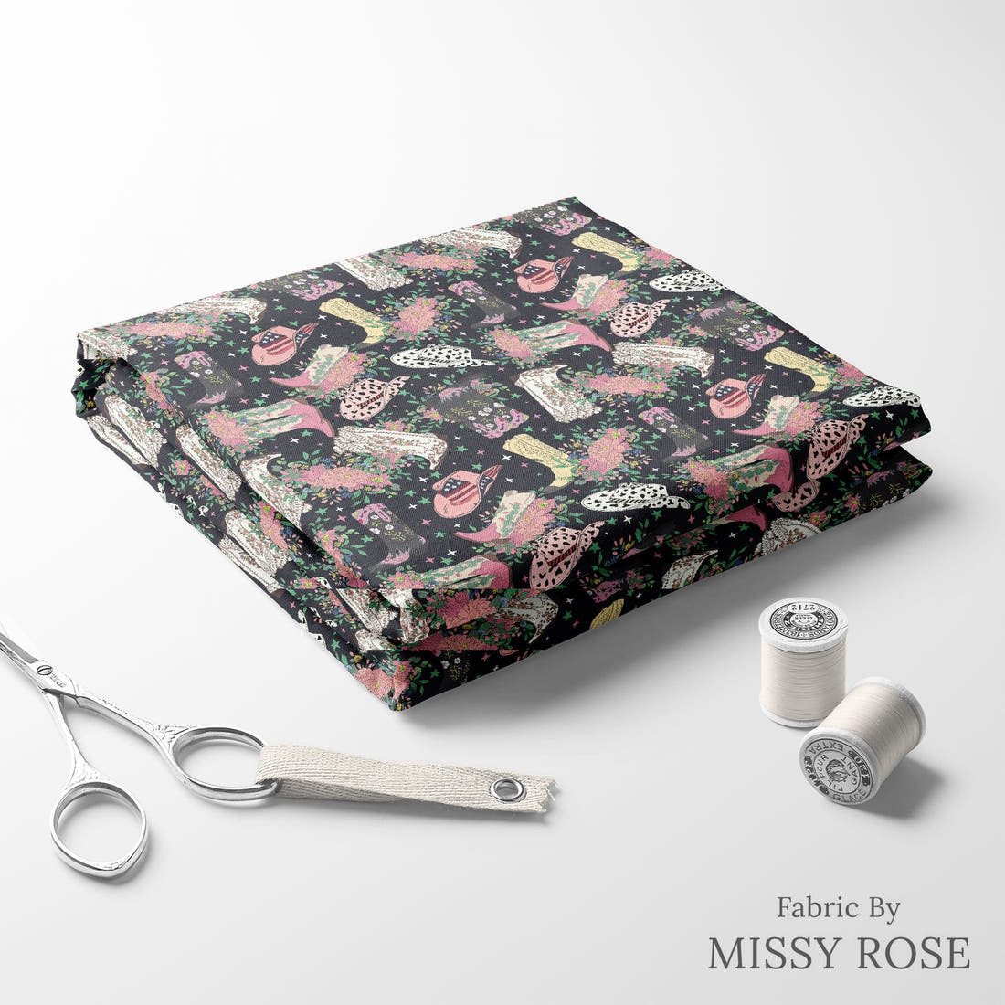 Design 163 Black Cowgirl Boots Fabric folded fabric stack with matching thread – pre-order fabric Australia | Fabric by Missy Rose
