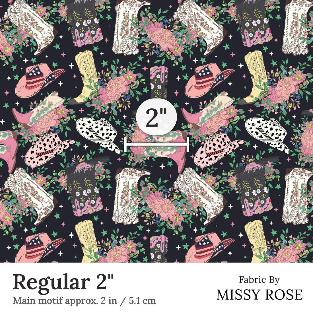 Design 163 Black Cowgirl Boots Fabric Regular 2 inch print scale guide | Fabric by Missy Rose