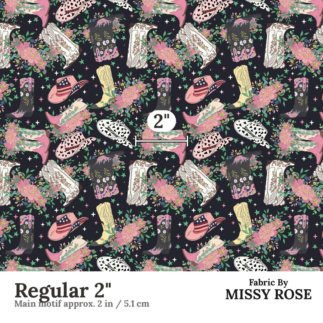 Design 163 Black Cowgirl Boots Fabric Regular 2" - print scale | Fabric by Missy Rose