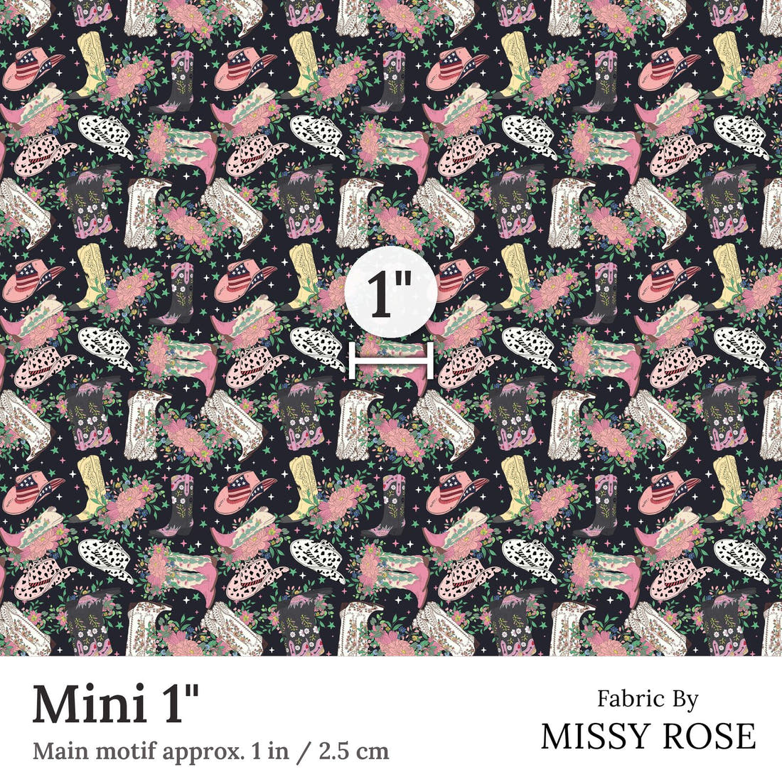 Design 163 Black Cowgirl Boots Fabric Mini 1 inch print scale guide | Fabric by Missy Rose
