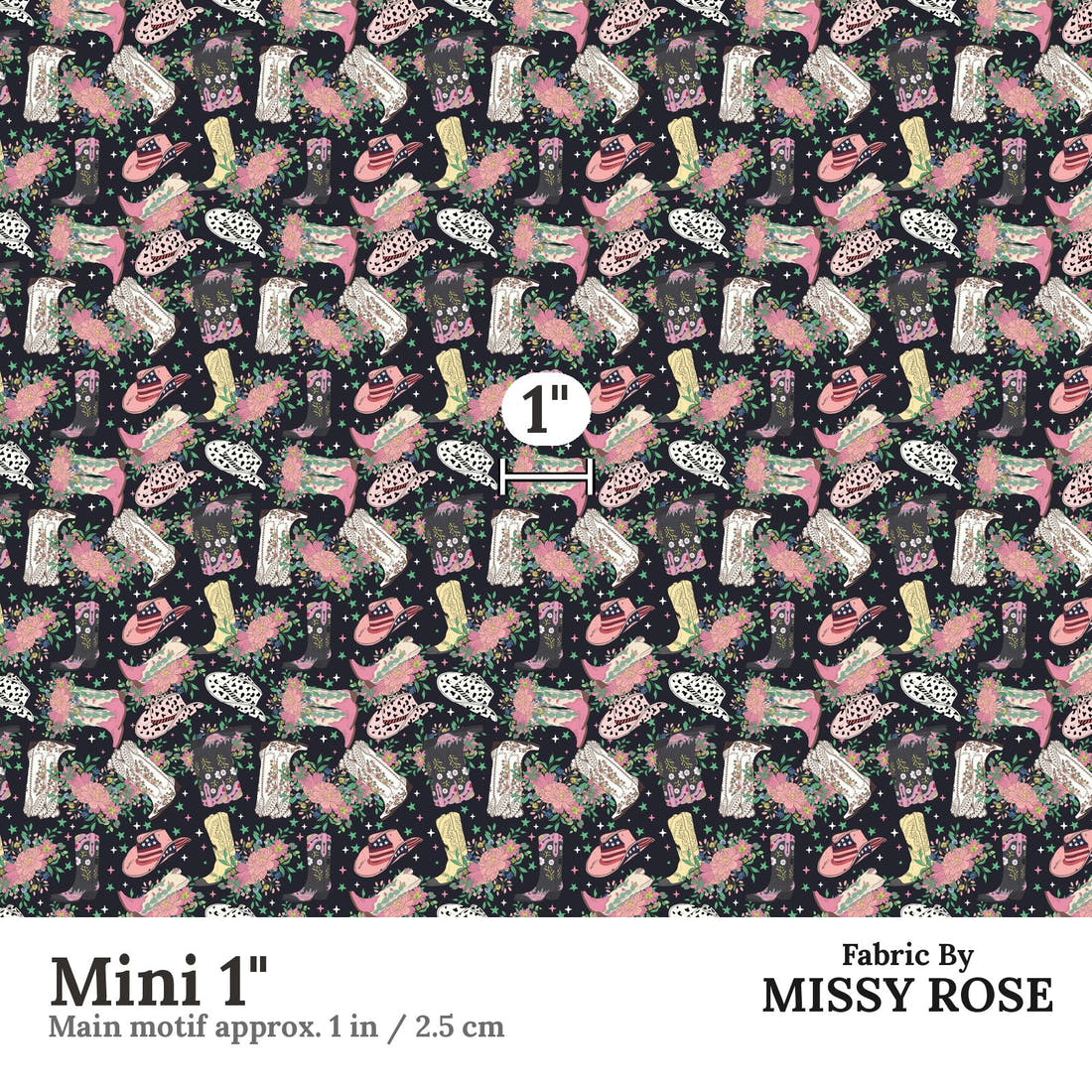 Design 163 Black Cowgirl Boots Fabric Mini 1" - print scale | Fabric by Missy Rose