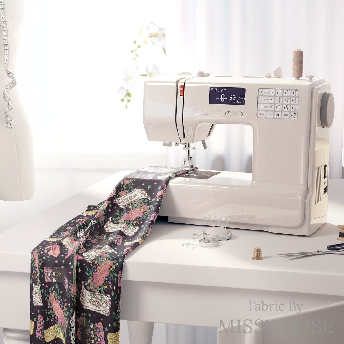 Design 163 Black Cowgirl Boots Fabric on a sewing machine – premium fabric for sewing projects | Fabric by Missy Rose