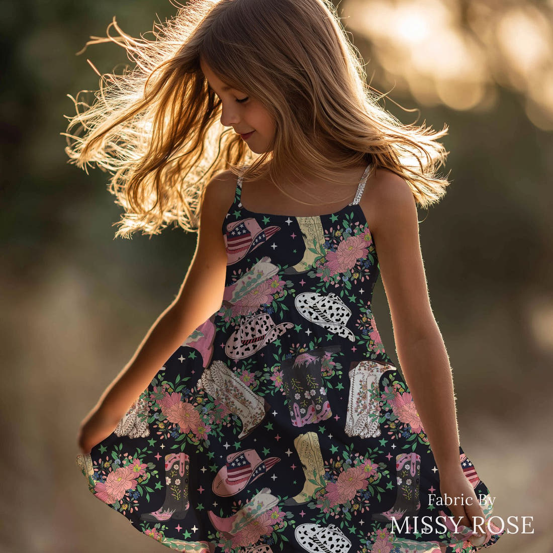 Design 163 Black Cowgirl Boots Fabric sewn into a girls' dress – see how the print looks made up | Fabric by Missy Rose