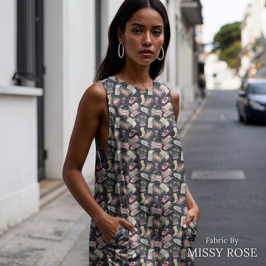 Design 163 Black Cowgirl Boots Fabric sewn into a women's jumpsuit – see how the print looks made up | Fabric by Missy Rose