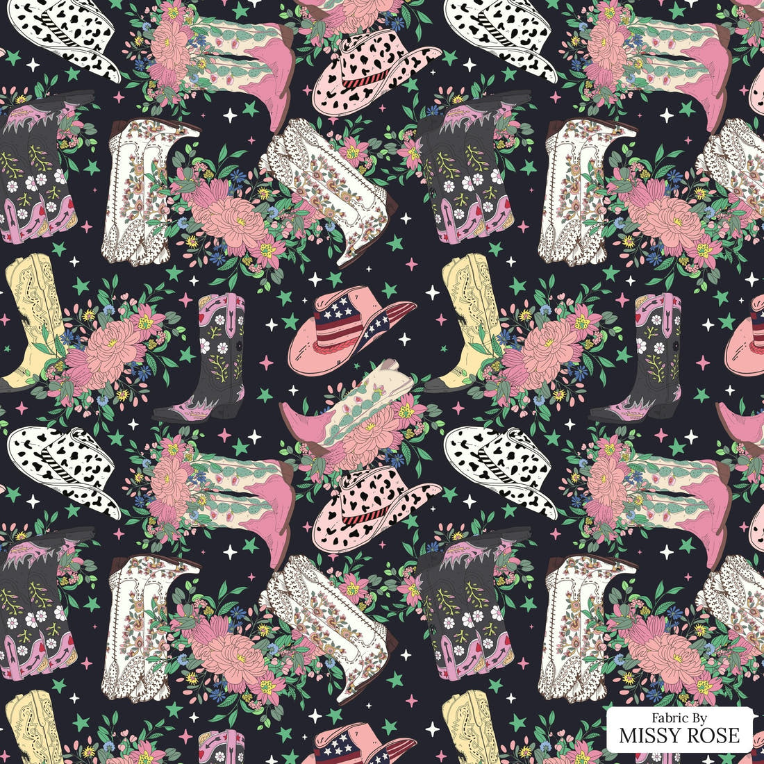 Design 163 Black Cowgirl Boots Fabric - flat view of the print, zoom in for detail | Fabric by Missy Rose