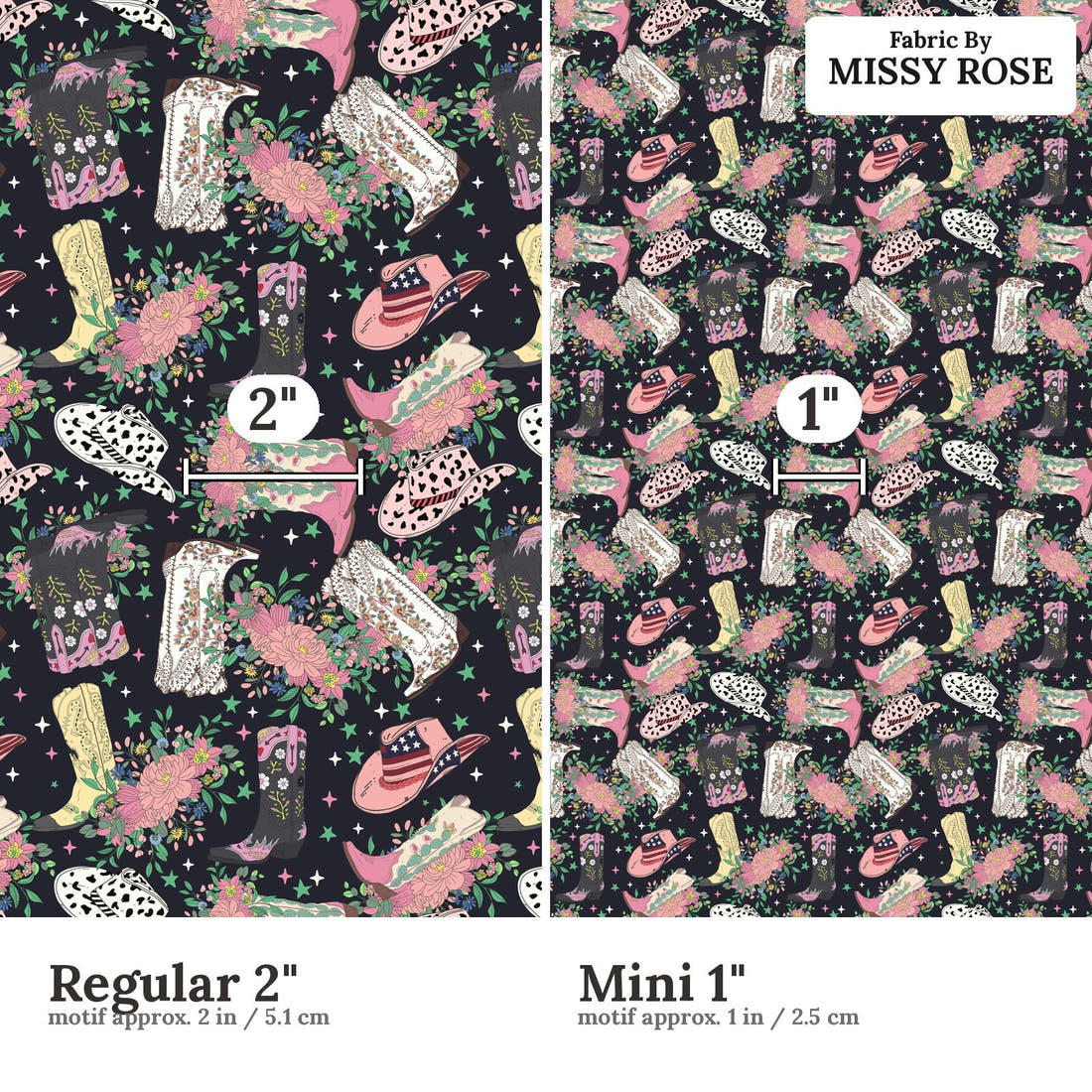 Design 163 Black Cowgirl Boots Fabric size comparison - print scale | Fabric by Missy Rose