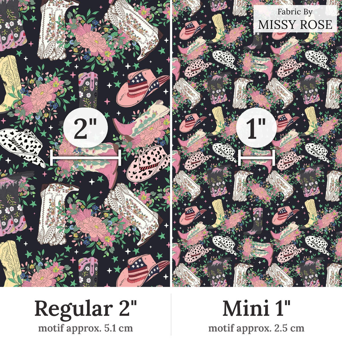 Design 163 Black Cowgirl Boots Fabric Regular 2 inch vs Mini 1 inch print scale side by side | Fabric by Missy Rose