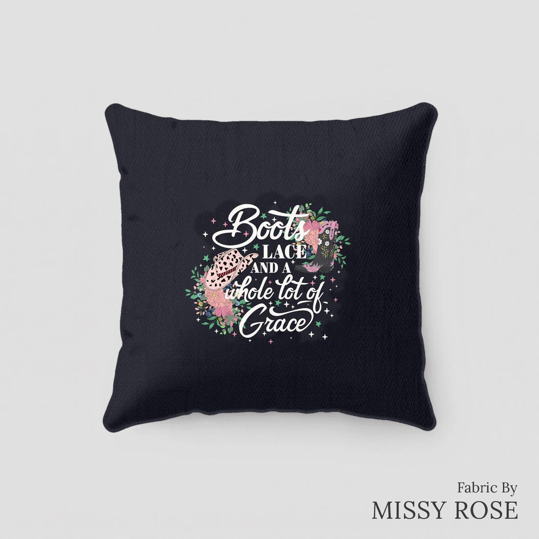 Design 163 Black Cowgirl Boots Panel sewn into a cushion – see how the panel looks made up | Fabric by Missy Rose