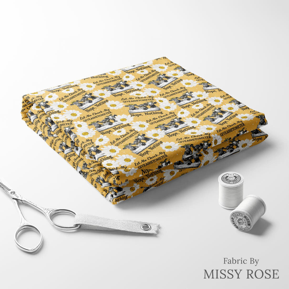 Design 164 Cow Fabric folded fabric stack with matching thread – pre-order fabric Australia | Fabric by Missy Rose