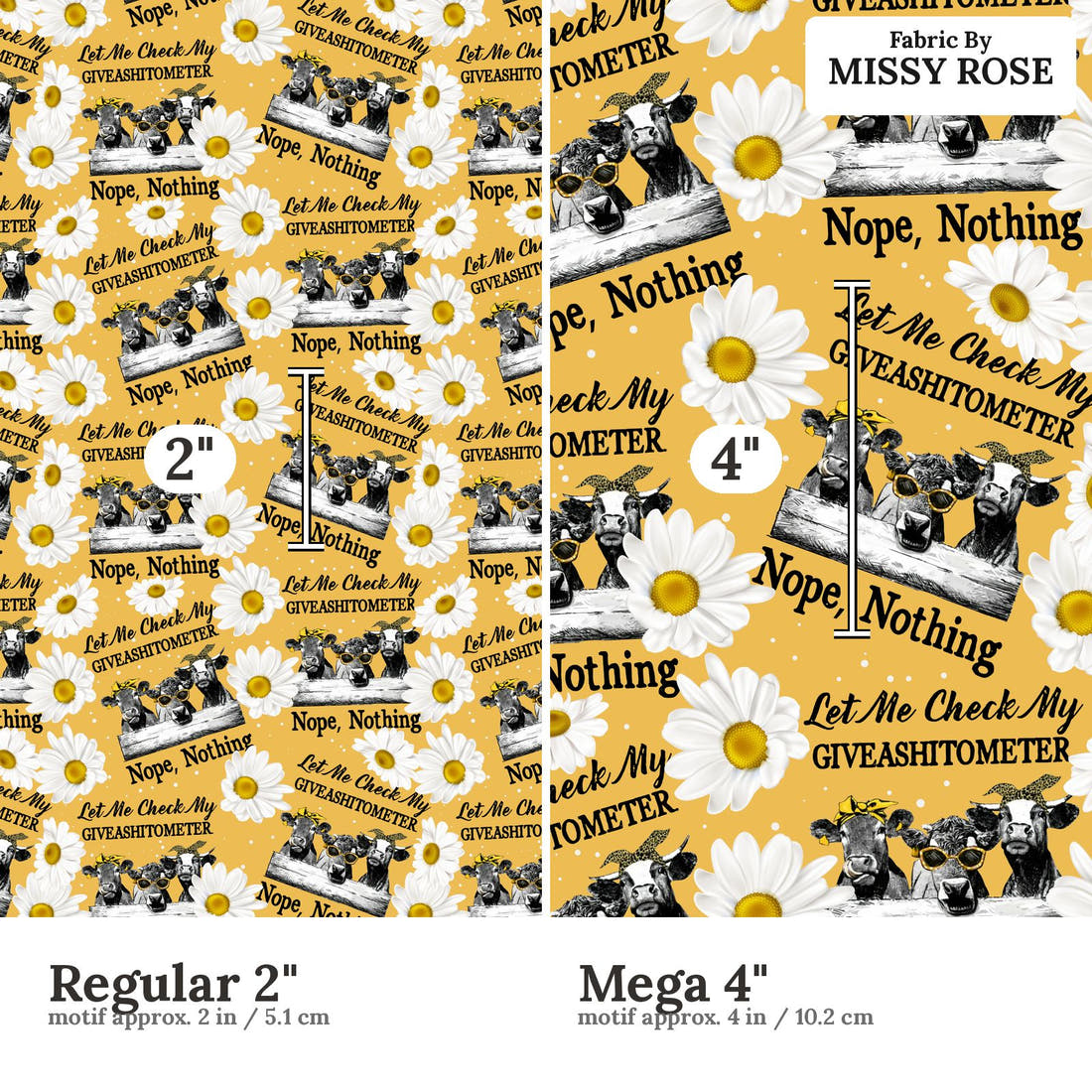 Design 164 Cow Fabric size comparison - print scale | Fabric by Missy Rose