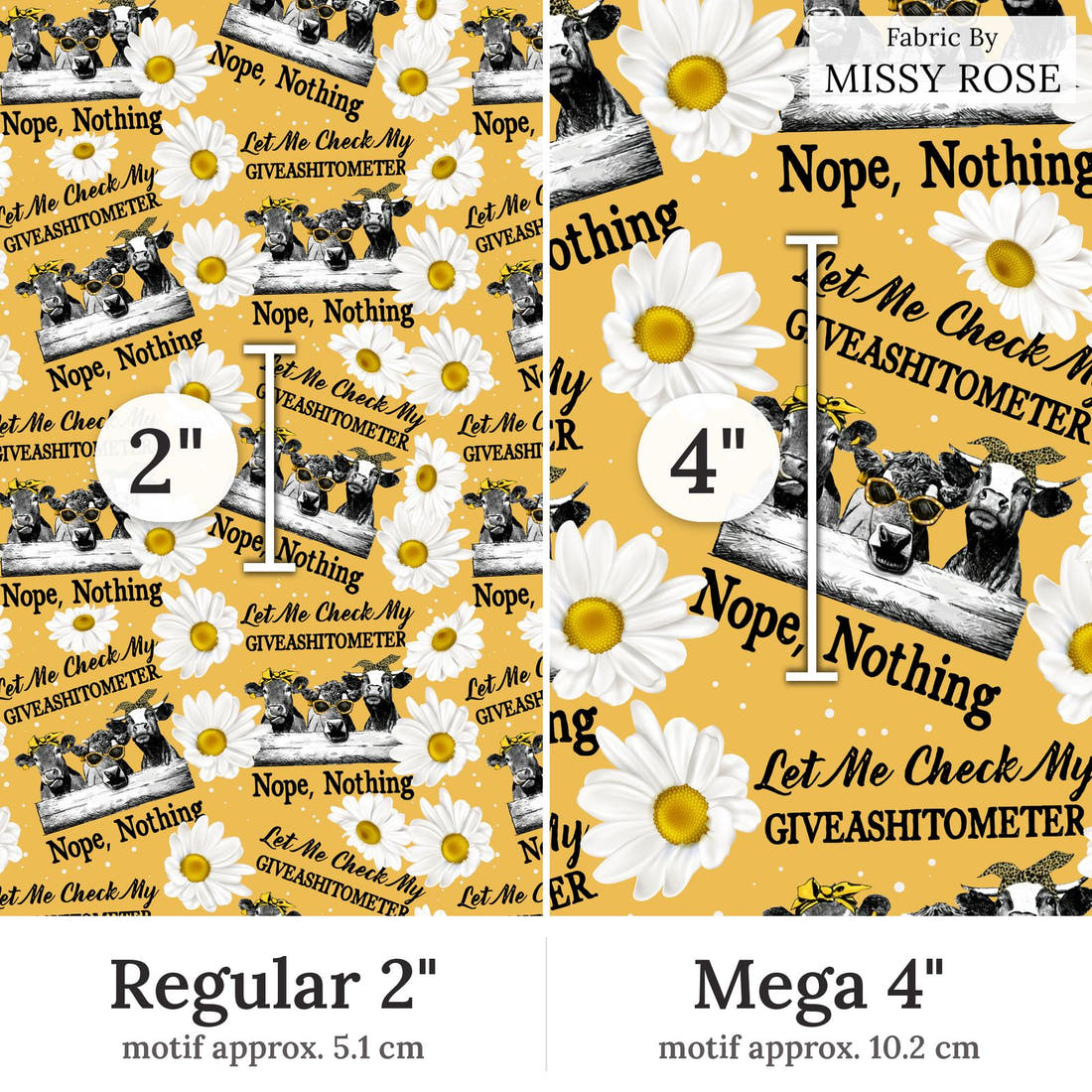 Design 164 Cow Fabric Regular 2 inch vs Mega 4 inch print scale side by side | Fabric by Missy Rose