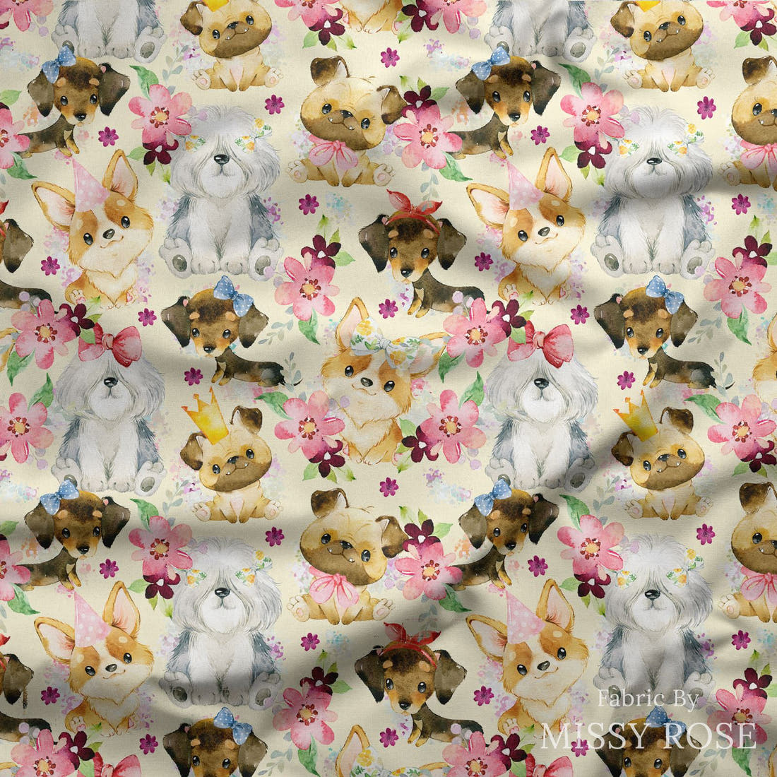 Design 165 Cute Yellow Dogs Fabric draped fabric mockup – custom printed fabric by the metre | Fabric by Missy Rose