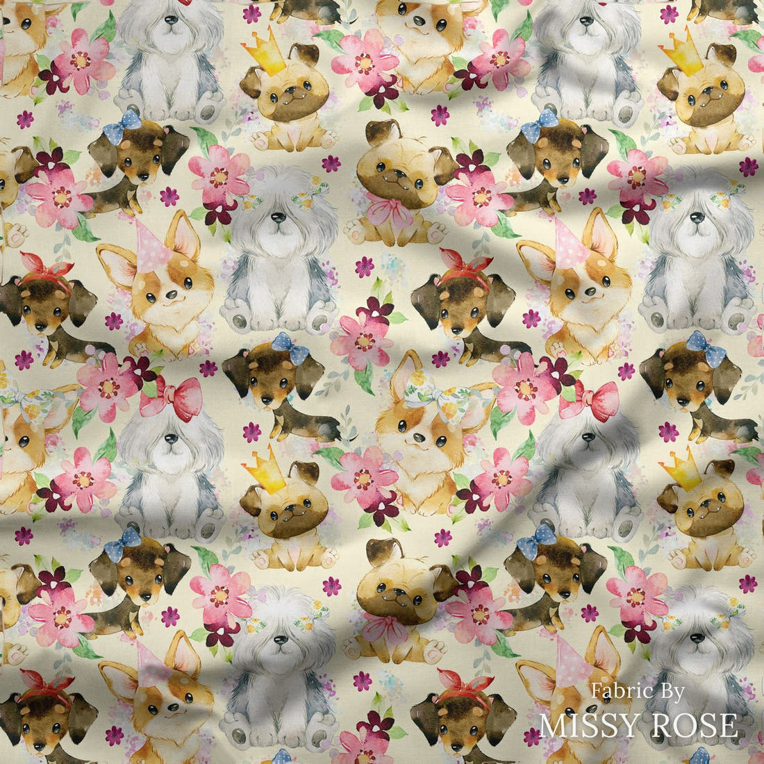 Design 165 Cute Yellow Dogs Fabric draped fabric mockup – custom printed fabric by the metre | Fabric by Missy Rose