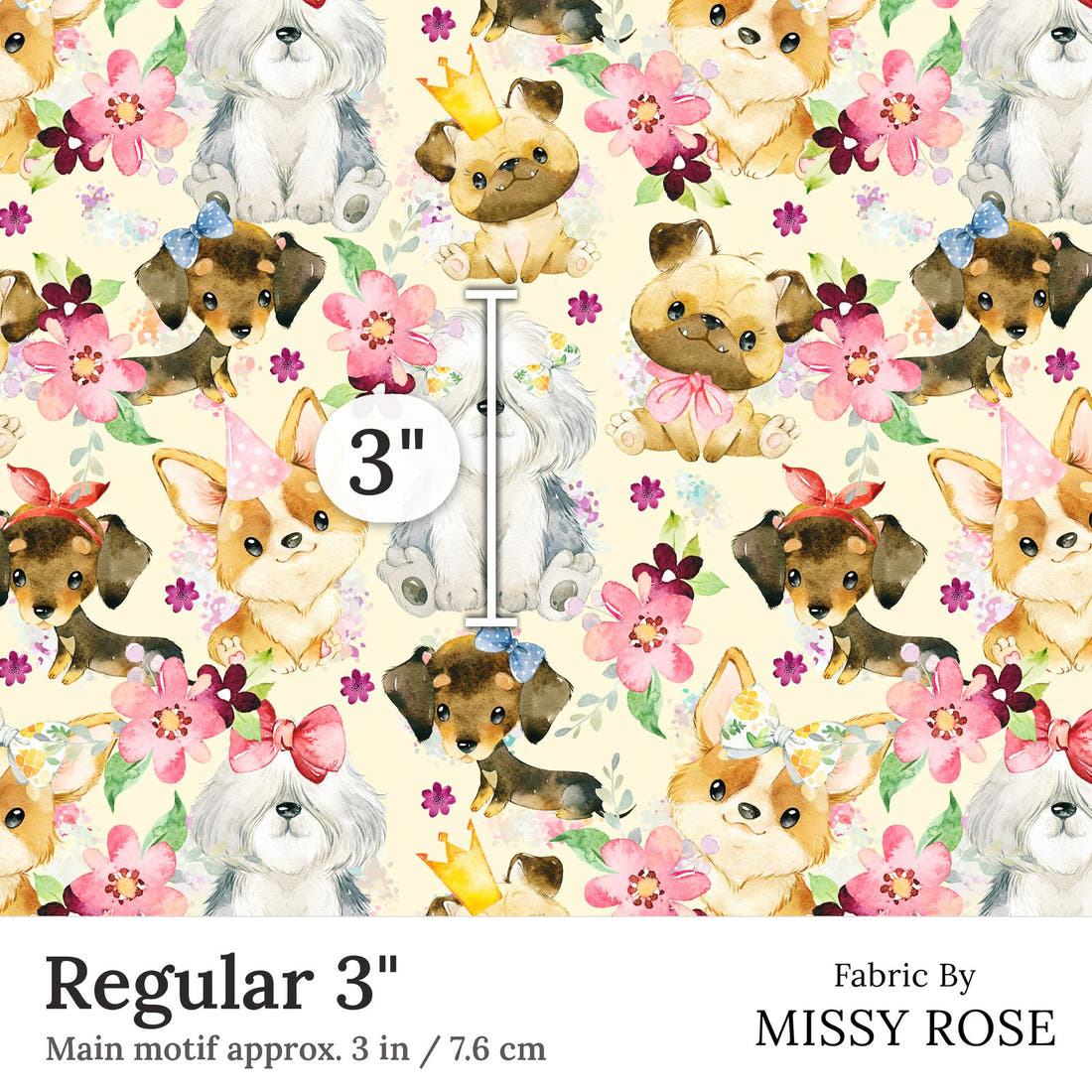 Design 165 Cute Yellow Dogs Fabric Regular 3 inch print scale guide | Fabric by Missy Rose