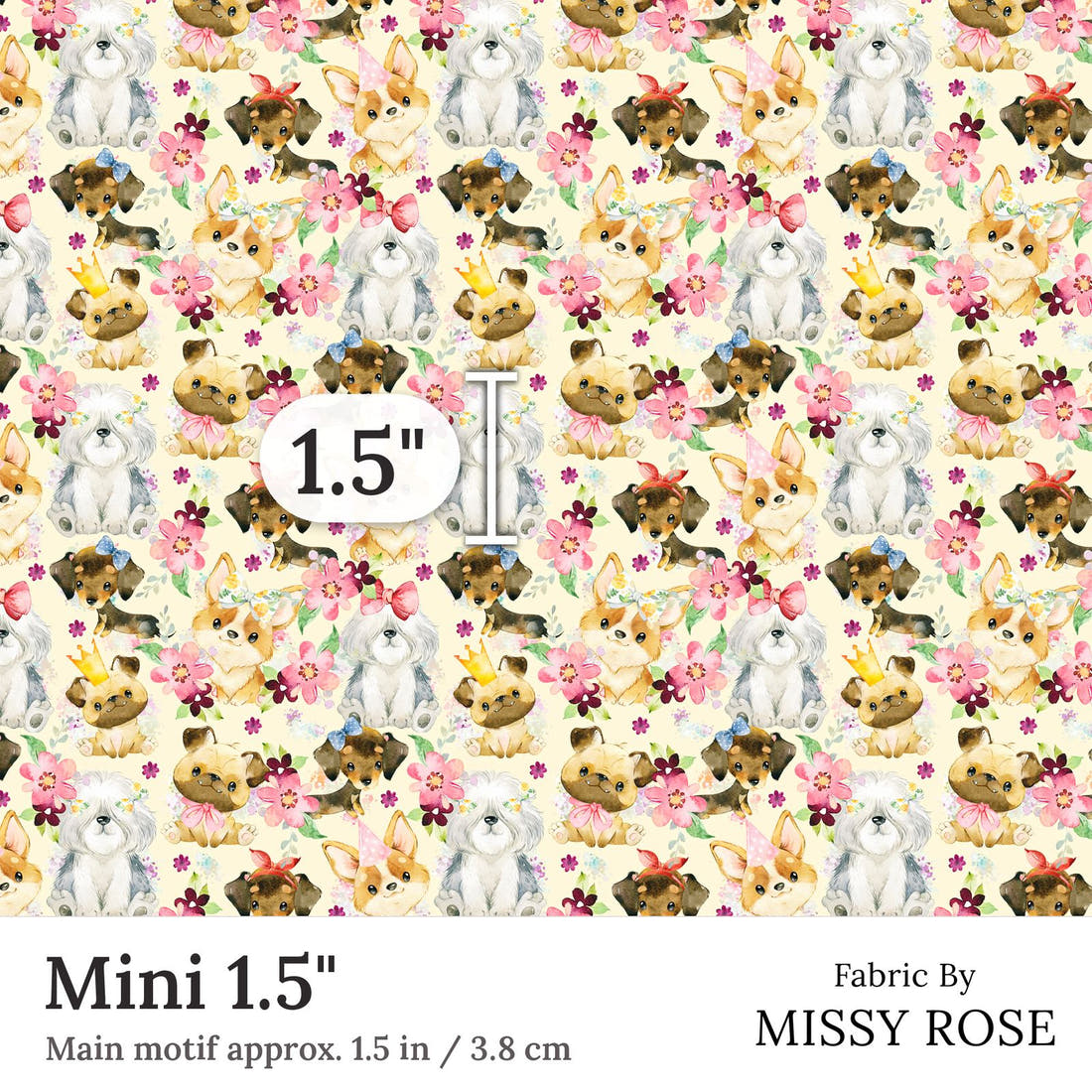 Design 165 Cute Yellow Dogs Fabric Mini 1.5 inch print scale guide | Fabric by Missy Rose
