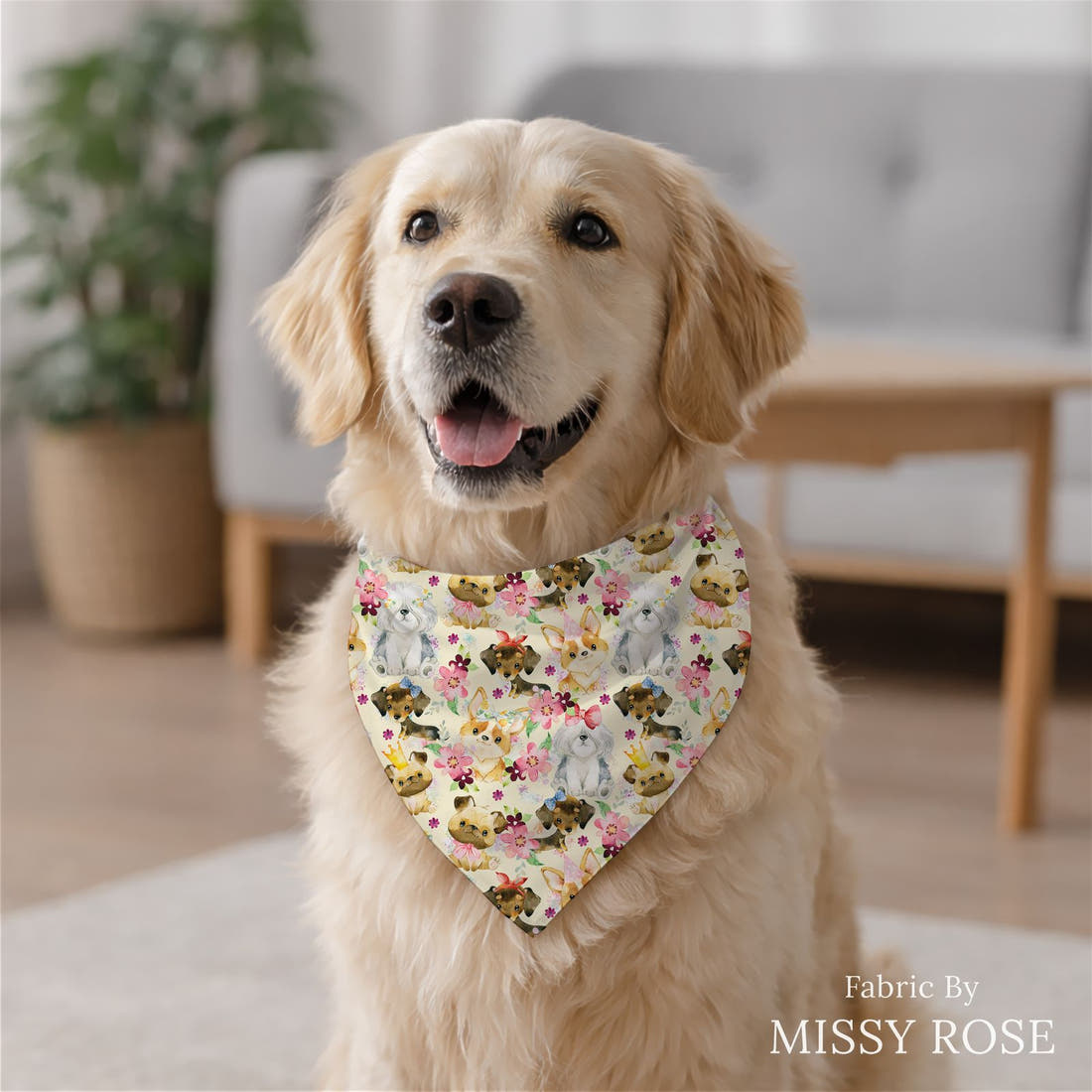 Design 165 Cute Yellow Dogs Fabric sewn into a dog bandana - see how the print looks made up | Fabric by Missy Rose