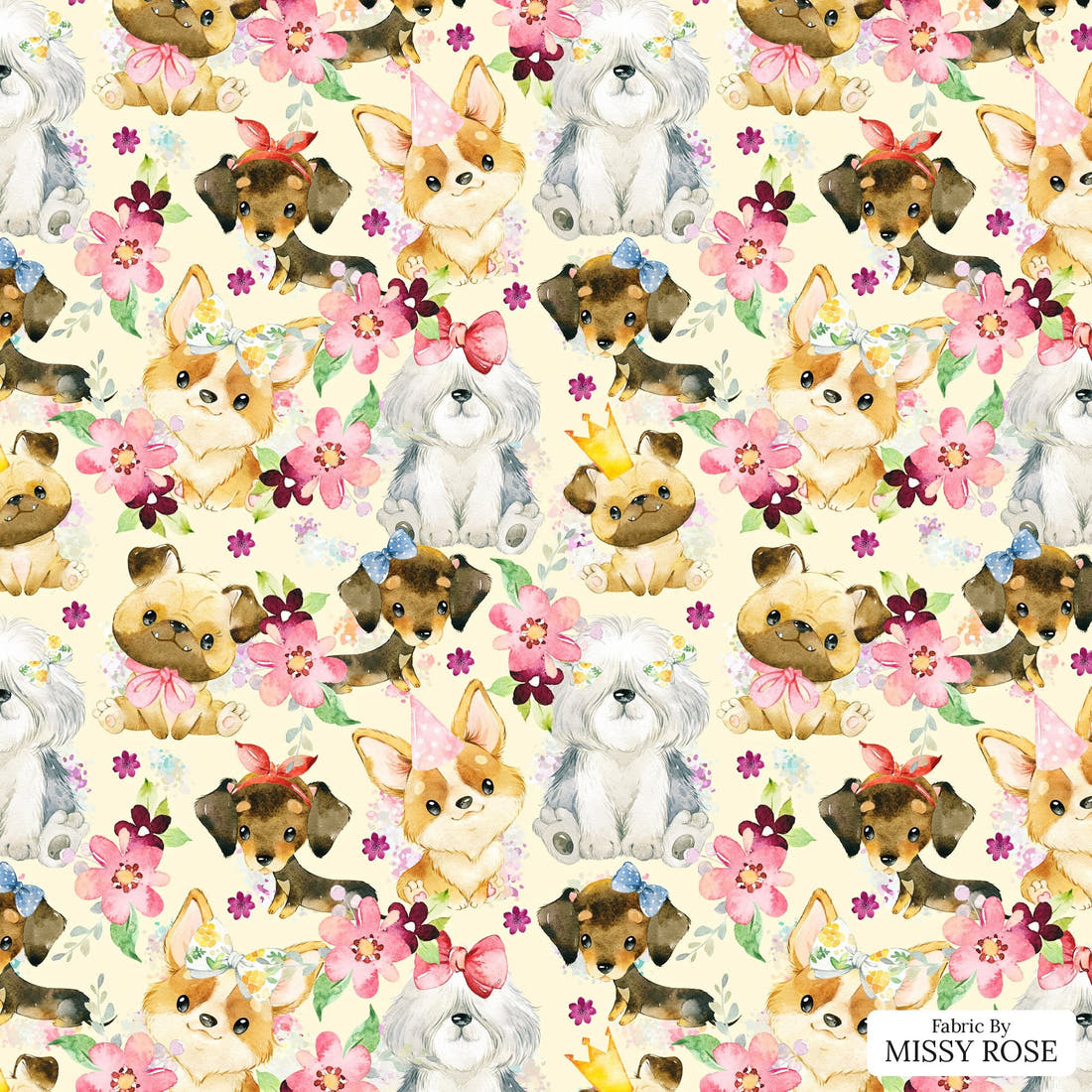 Design 165 Cute Yellow Dogs Fabric - flat view of the print, zoom in for detail | Fabric by Missy Rose
