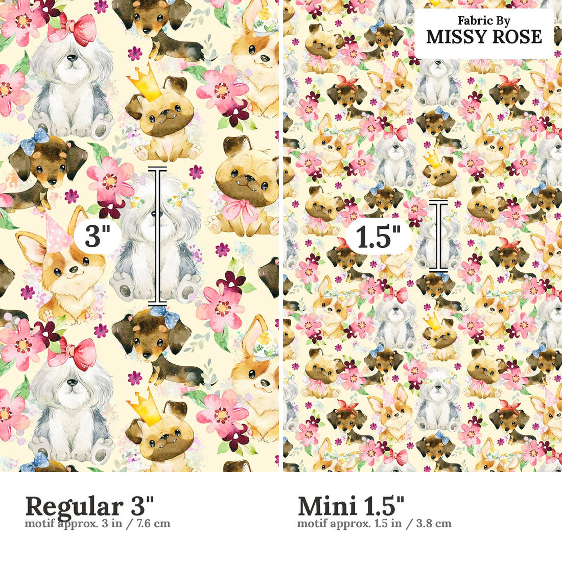 Design 165 Cute Yellow Dogs Fabric size comparison - print scale | Fabric by Missy Rose